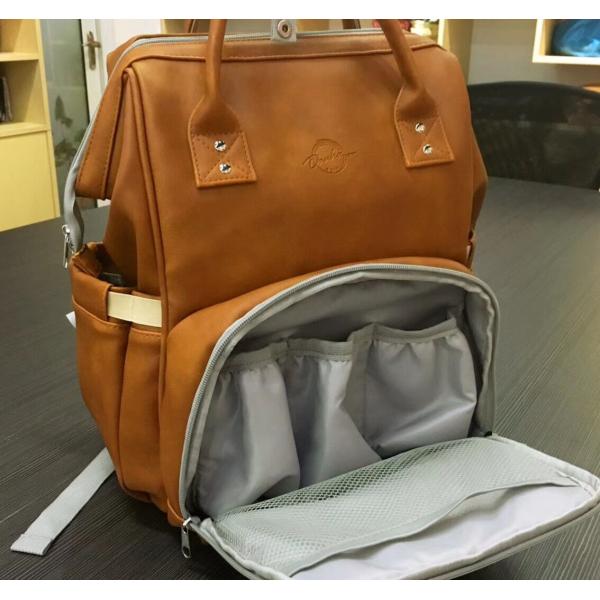 Brown PU Leather Baby Bag Backpack , Unisex Maternity Diaper Bags For Mom And Dad