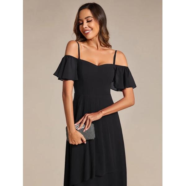 Empire Off-shoulder Spaghetti Strap Zipper High-low Wedding Guest Dresses Short Sleeves Black Chiffon Prom Dress