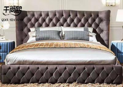 American Style Brown Leather Velvet Fabric Bed , Wooden Frame King Size Bed