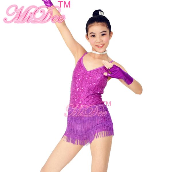 3 Layer Latin Dance Costumes Biketard V - Neck Bodice Flying Fringe Skirt Outfits