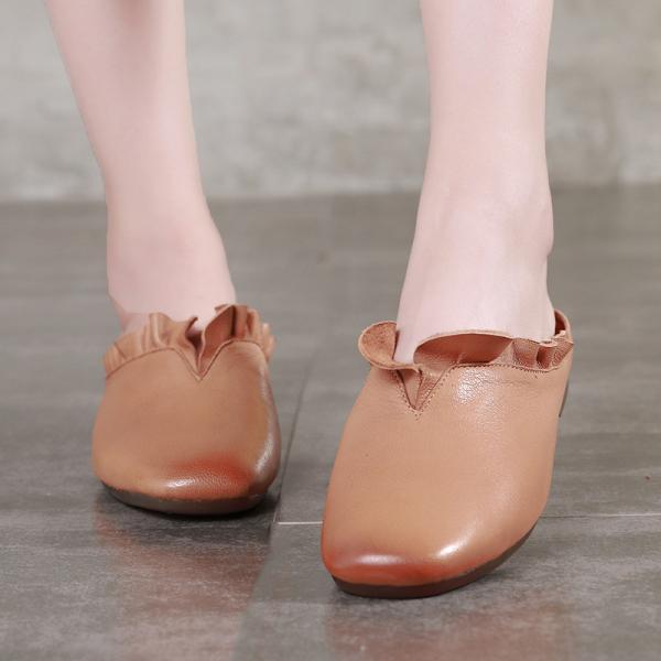 S478 Summer New Leather Women'S Shoes Lotus Leaf Lace Lazy Flat With Apricot Light Mouth Solid Color Single Shoes