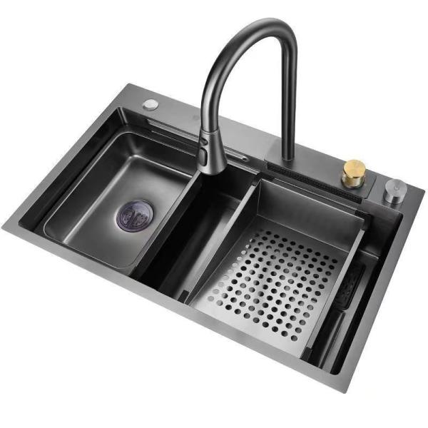 Grey 75*45 Single Bowl Countertop Undermount SUS304 Kitchen Sink with Rainfall Faucet Pull-Out Sprayer