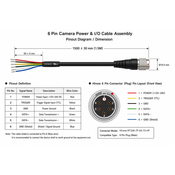 Hirose 6 Pin HR10A-7P-6S High Flex Industrial Camera Power Cable