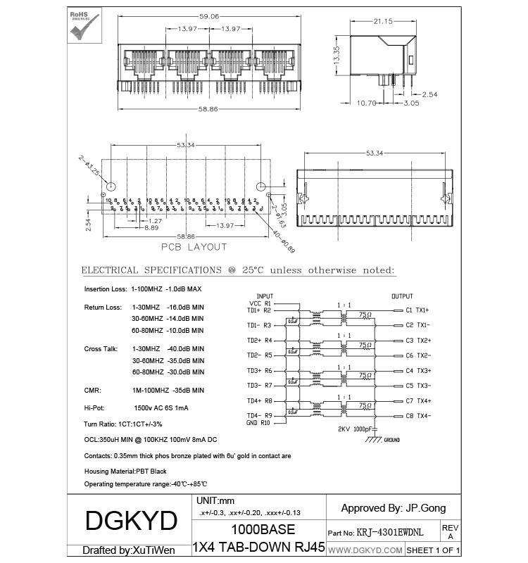 Rj45 1000M 1 * 4 с четырмя отверстиями трансформатора 10 соединитель Pin для чистых применений моста