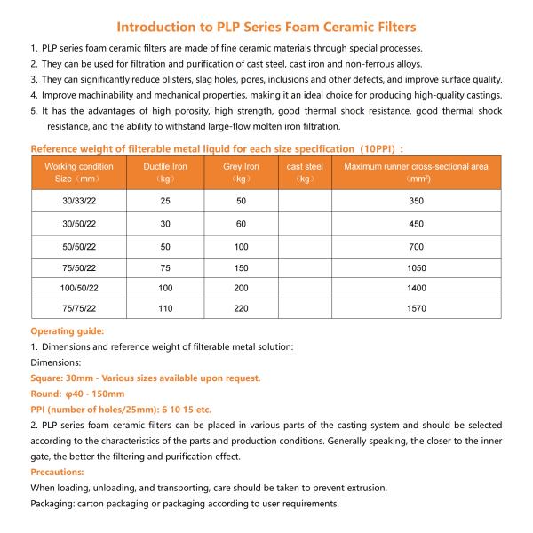 PLP Кремниевый/Циркониевый/Алюминиевый керамический промышленный керамический огнеупорный фильтр