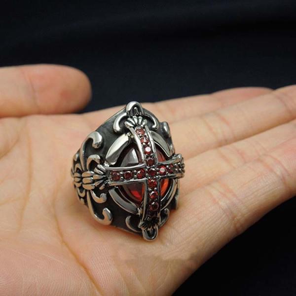 Men's Vintage Old Silver Plated Titanium Stainless Steel Ring Red Cubic Zircon Gothic Cross(SA240)