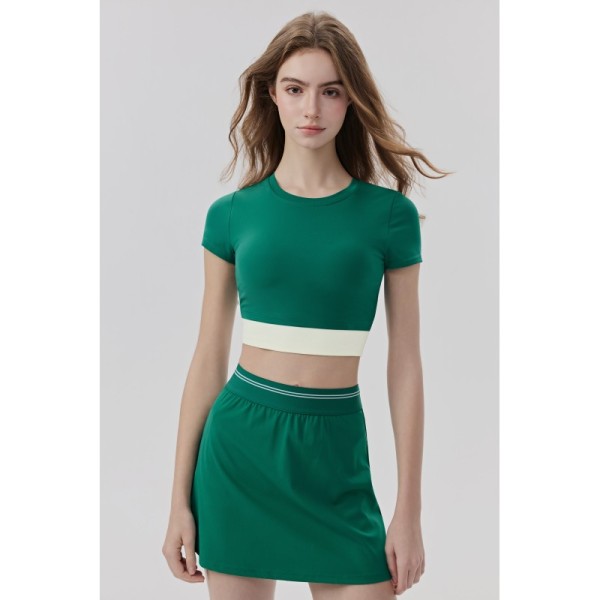 Mint Green Short Sleeve Cropped Workout Top with Contrast Band for Yoga and Fitness
