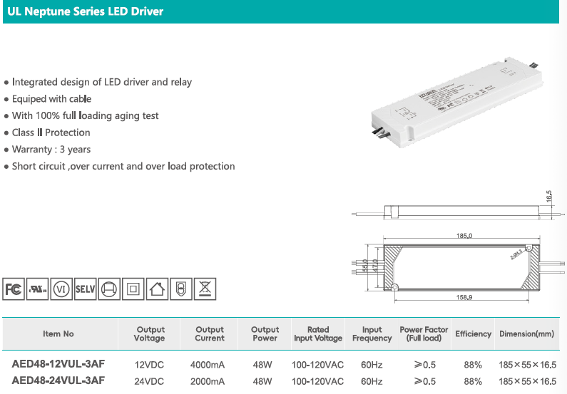 100% Full Load Tested 48W 12V/24V UL LED Driver Mirror Light LED Power Supply