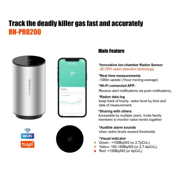 RN-PRO 200 Radon Monitor with Pulsed Ion Chamber Sensor, Wi-Fi Connectivity, and Vibration Alarm for Home and Office Safety