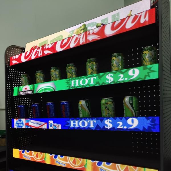 Novo item Pequeno pixel Pitch COB Ecrã de prateleira P1.87 Usado em supermercados / clubes / lojas de prateleiras interiores Strip LED Sig