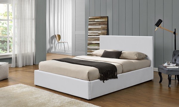 Easy Assemble Gas Lift Storage Bed White PU Leather Upholstered Plywood Bed Frame