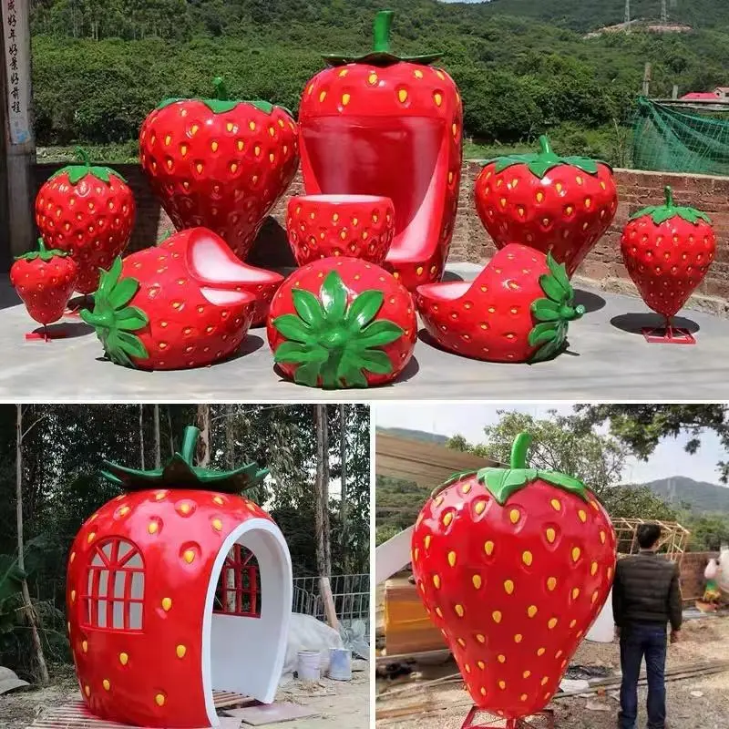 Giant Strawberry & Fruit Resin Sculpture Set - Vibrant Outdoor Garden Art