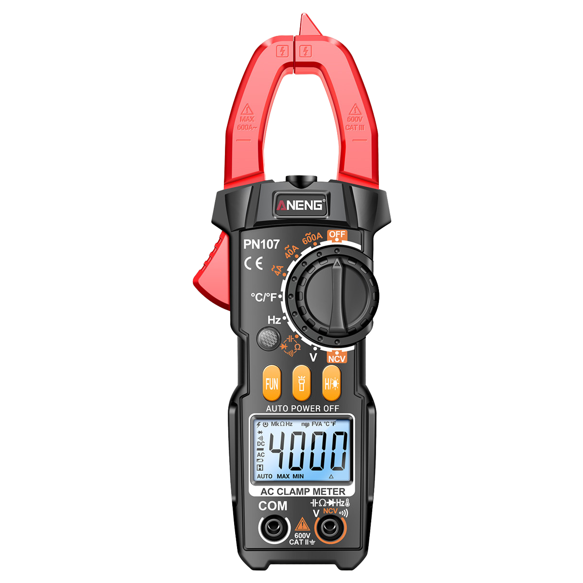 PN107 Auto Digital Clamp Meter CAT II 600V AC DC Voltage LCD True RMS 4000 Counts