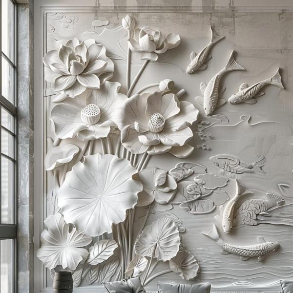 Exquisite Lotus Relief Mural Hand Carved from Natural Marble Stone for Modern Wall Decor