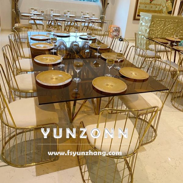 Wedding Furniture Decor Clear Glss Top Gold Rectangular Elegant Dining Table Centerpieces for Dining Room