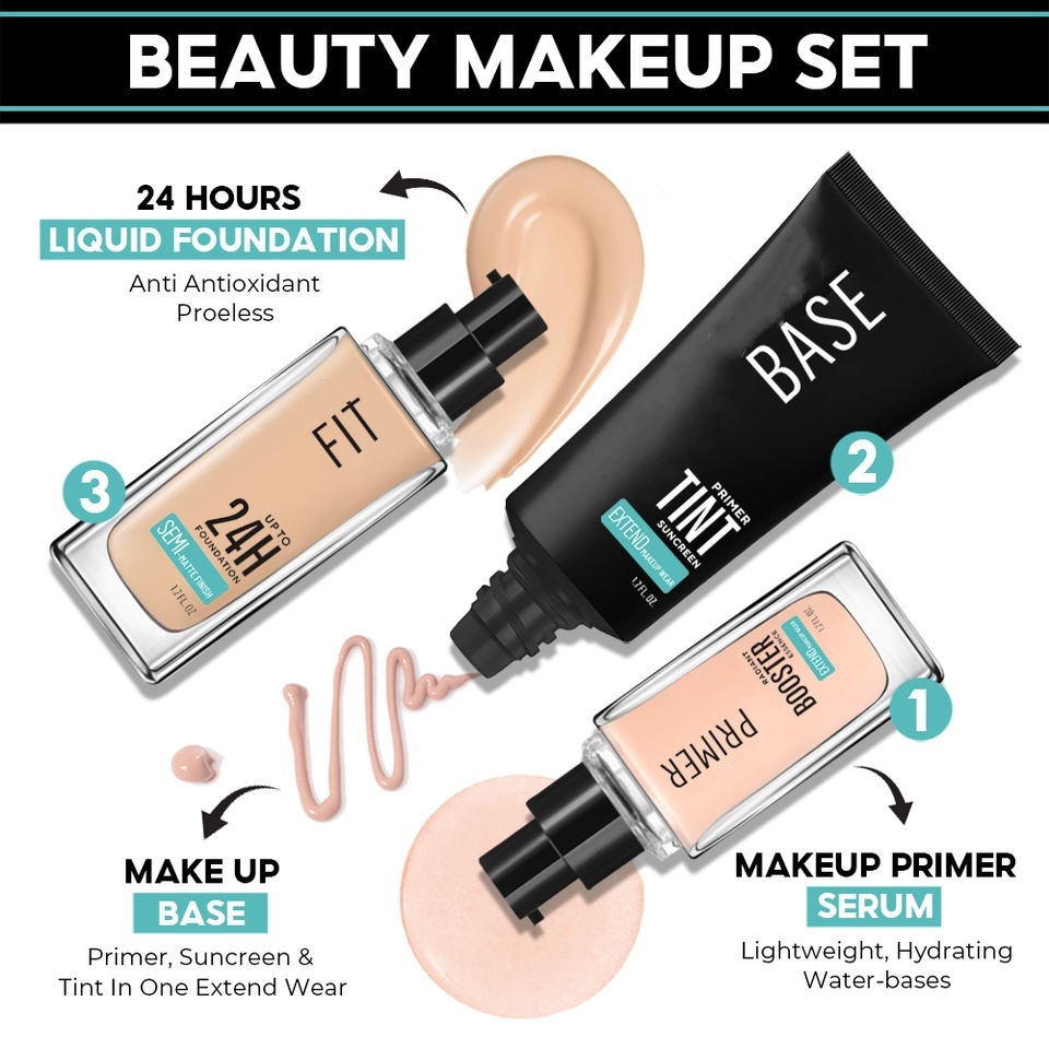 OEM ODM Korean Cosmetics Best Skin Shining Primer Face essence 3 in 1 Makeup Base liquid foundation Set Product Spf 30