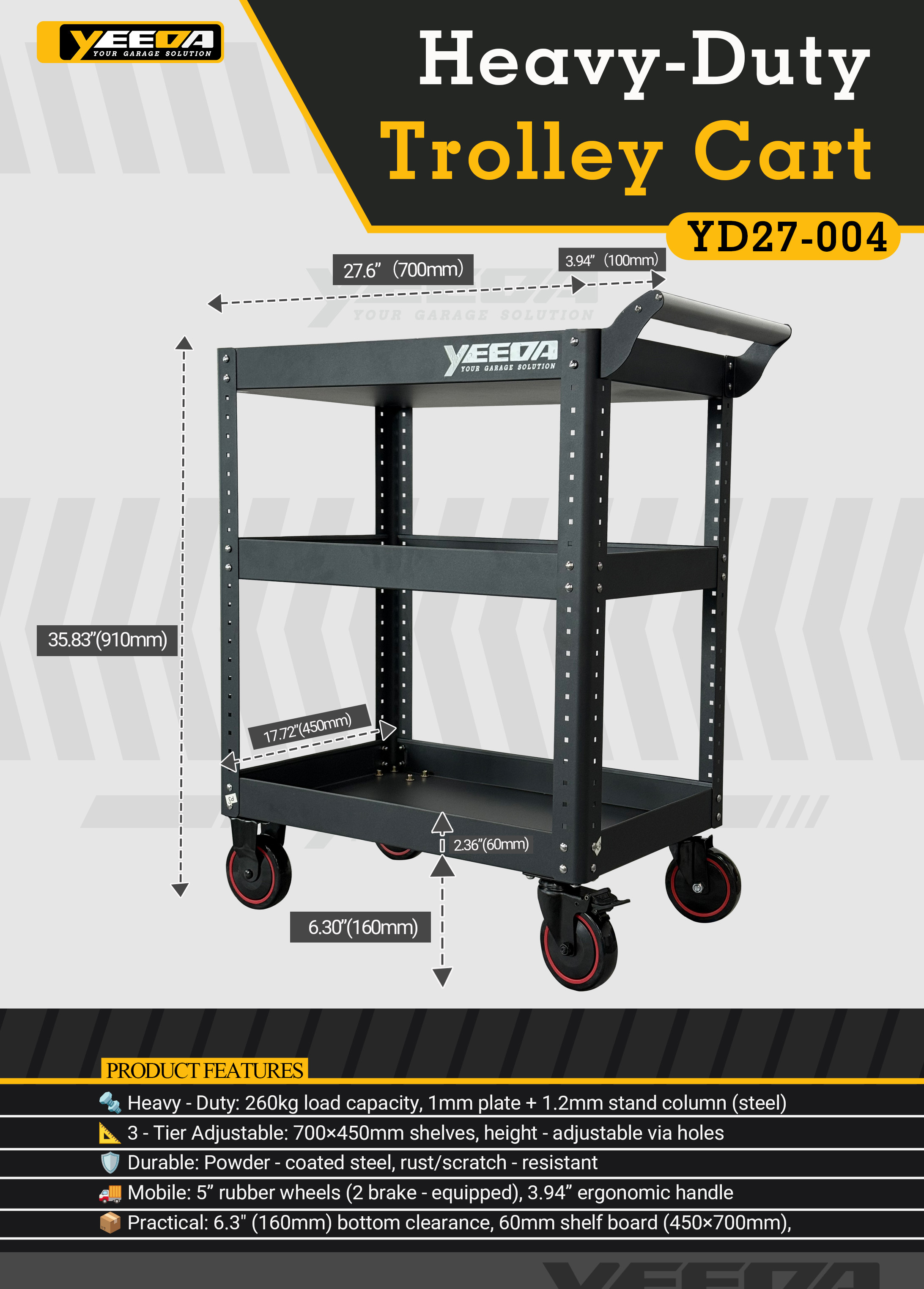 260kg Capacity Steel Heavy-Duty Trolley Cart with 5