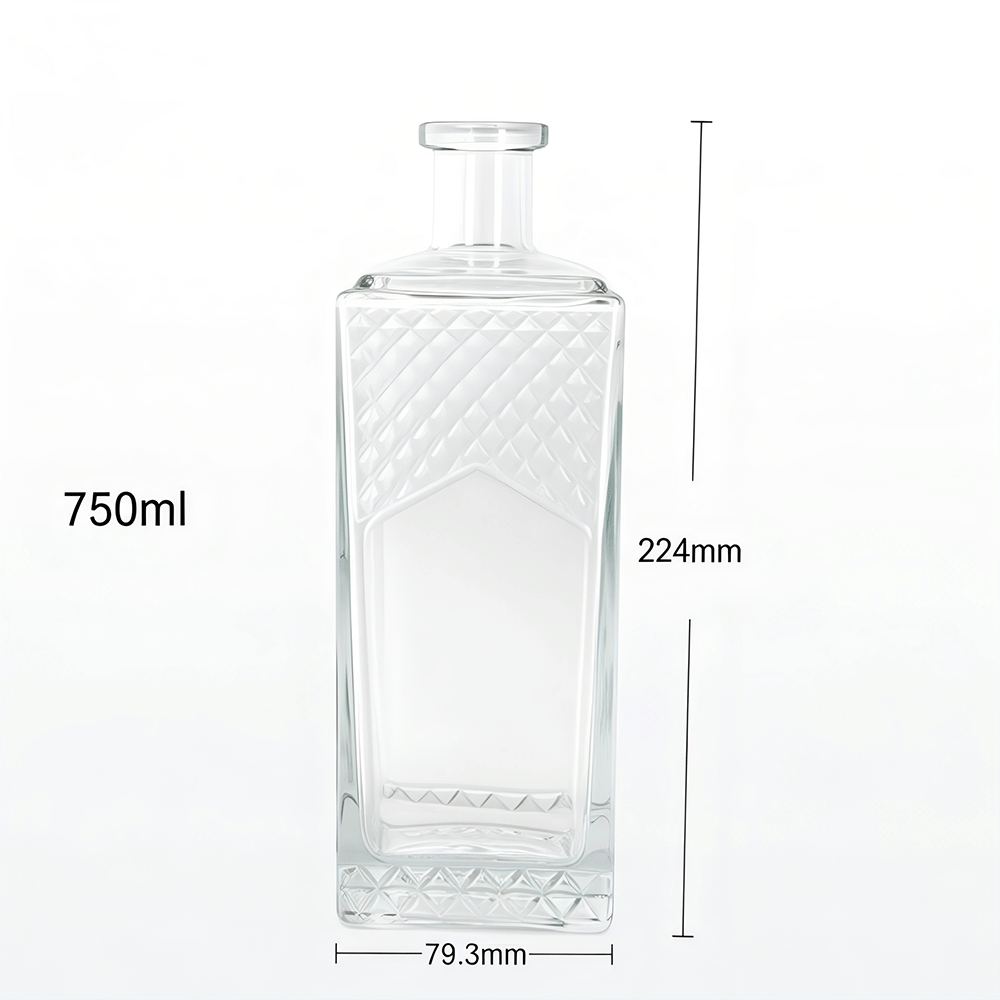 750ml Diamond Texture Square Glass Liquor Bottle For Whiskey Brandy Spirit Decanter