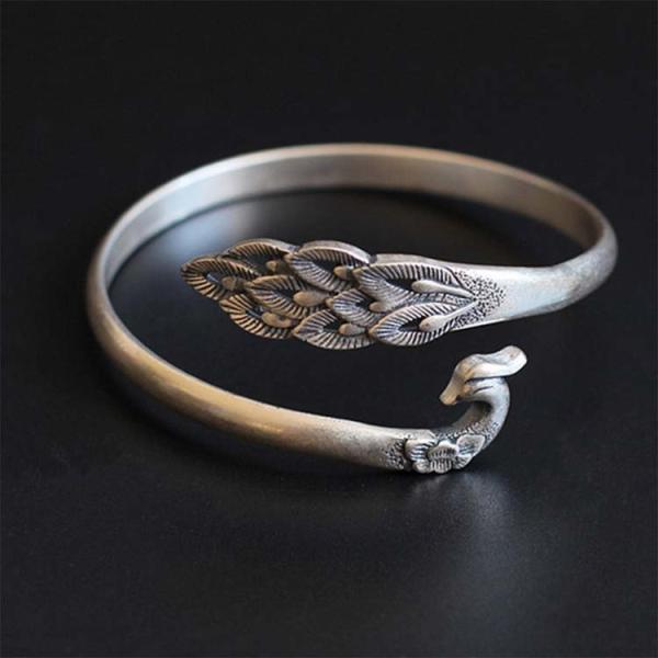 Sterling Silve Open Adjustable Cuff Bracelet Engraved Peafowl Fine Bangle(XH052136)