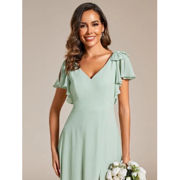 Empire Plus Size V-neck High Split A-line Short Sleeve Zipper Mint Green Chiffon Bridesmaid Dress
