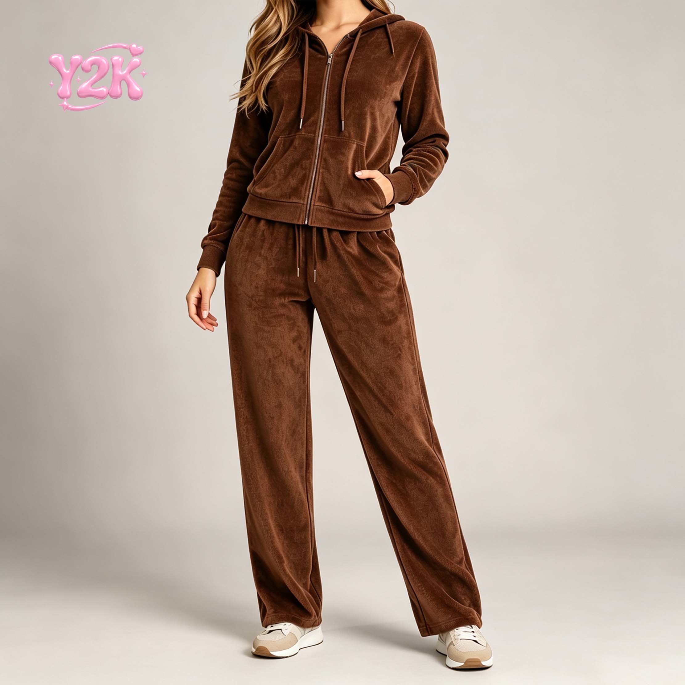Custom Women's Velour Zip Hoodie Wide Leg Tracksuit Set