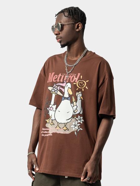 Moda Euramericana Patinho Impressão de Algodão T-Shirt de Grande Tamanho Manga Curta Streetstyle masculino
