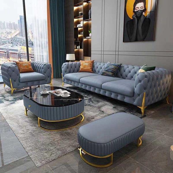 Luxury Blue Leather Sofa Set Living Room Furniture Durable Eco Friendly