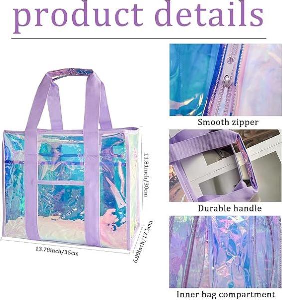 Holographic Iridescent Tote Bag Clear Travel Beach Bag Iridescent Shoulder Bag with Phone Pouch Waterproof Travel Tote for Women Work, Travel, Gym, Beach and Pool