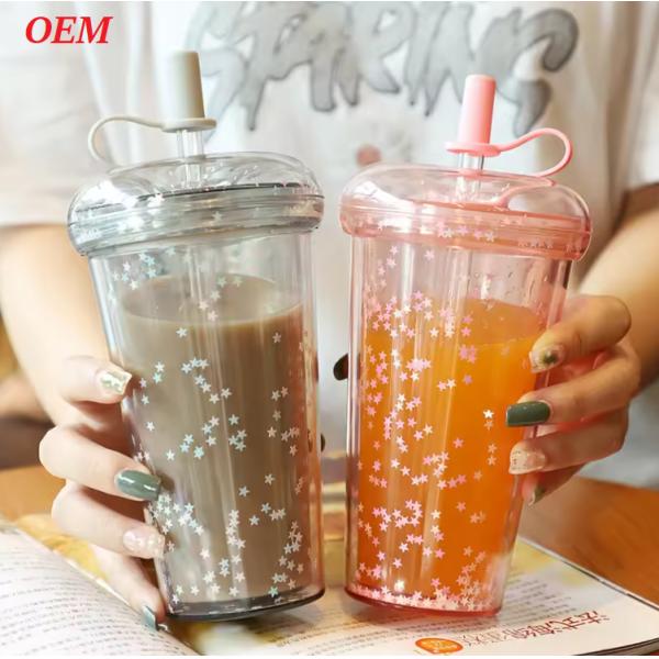 Milk Tea Straw Cup Transparent Double-Layer Plastic Water Cup