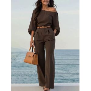 Elegant Off-Shoulder Belted Waist Wide-Leg Jumpsuit for Women - Stylish Romper