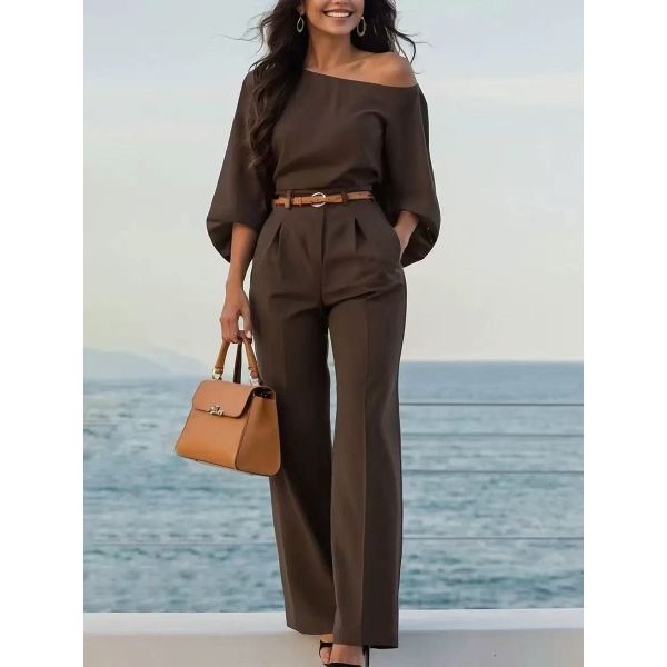 Elegant Off-Shoulder Belted Waist Wide-Leg Jumpsuit for Women - Stylish Romper for Casual and Semi-Formal Wear