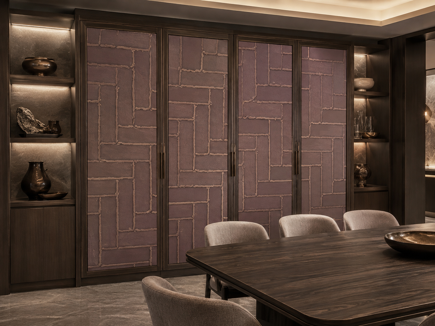 Vintage Herringbone Brick-Pattern Stainless Steel Decorative Sheet with PVD Warm-Brown Metallic Finish in Grade 304