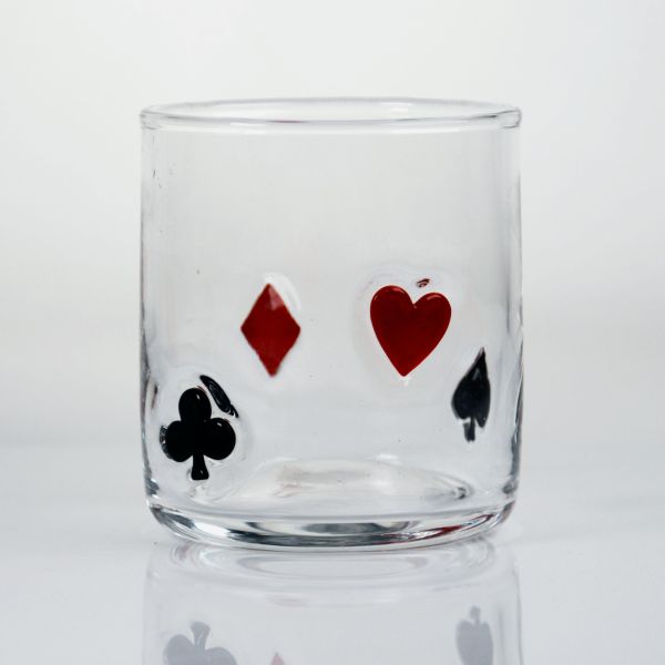 Hand Blown Poker Icon Whiskey Glass, 400ml Clear Tumbler With Heart, Spade, Club & Diamond Suits, Old Fashioned Glass For Whiskey, Cocktails, Juice