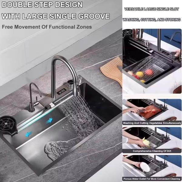 Smart Digital Display Stainless Steel Pull Out Waterfall Faucet for Grey Square Bowl Shape Sink
