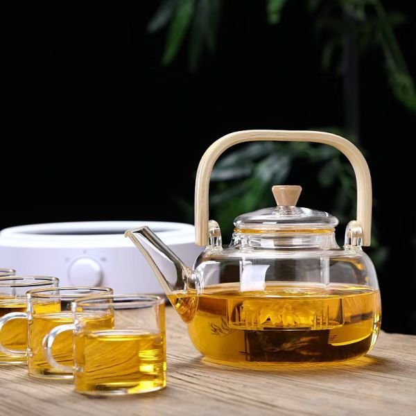 Eco Friendly Glass Tea Pot Transparent Glass Kettle With Wooden Lid Large Capacity