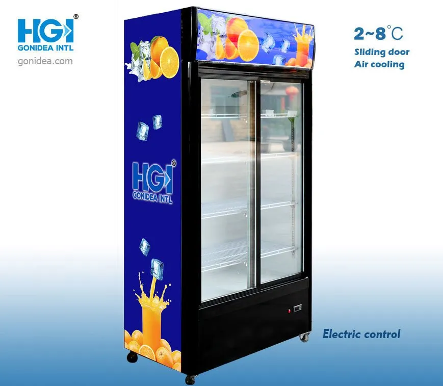 600L Double Glass Door Upright Refrigerated Showcase Beverage Cold Storage Showcase