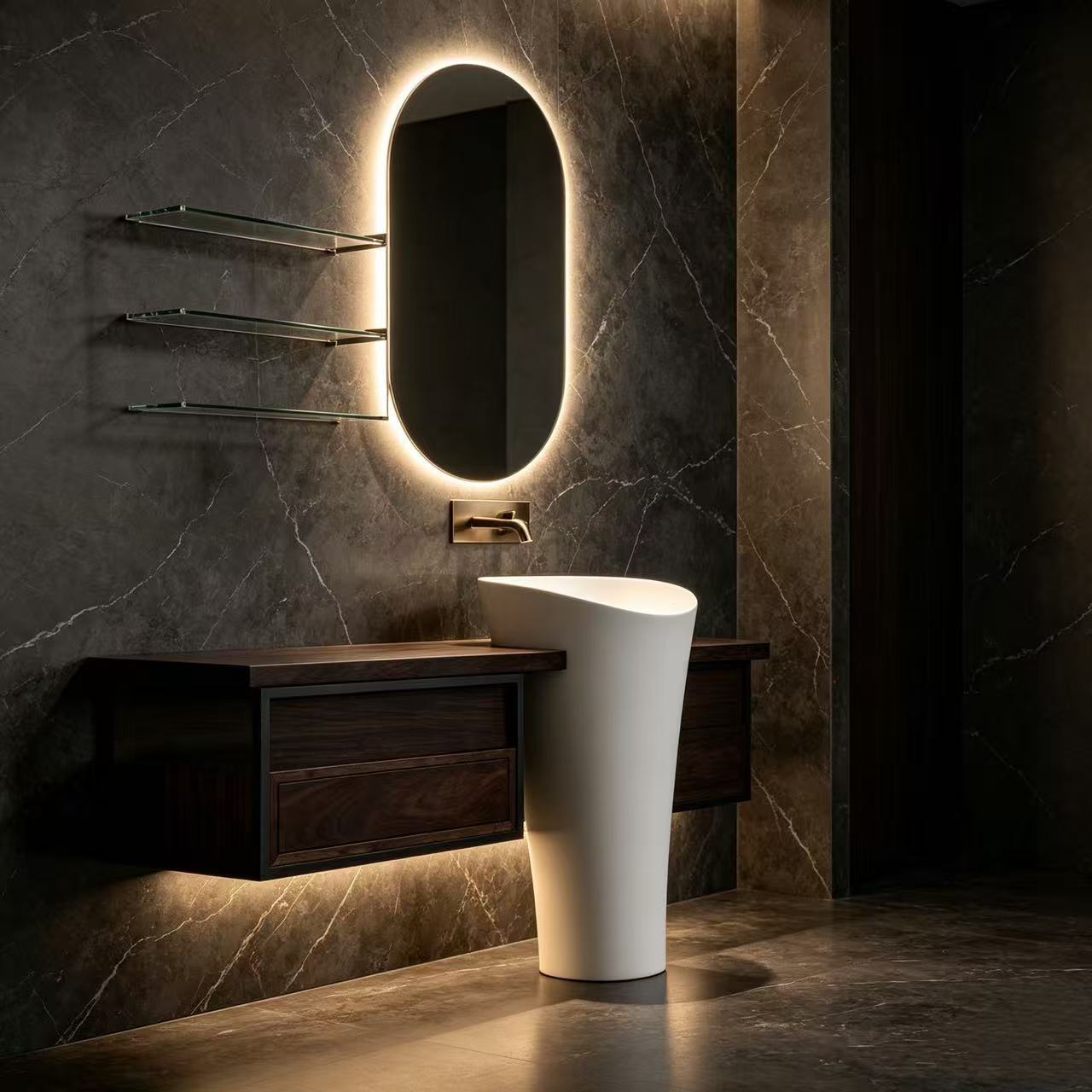 Asymmetrical Corner Bathroom Pedestal Basin Sink Matte White