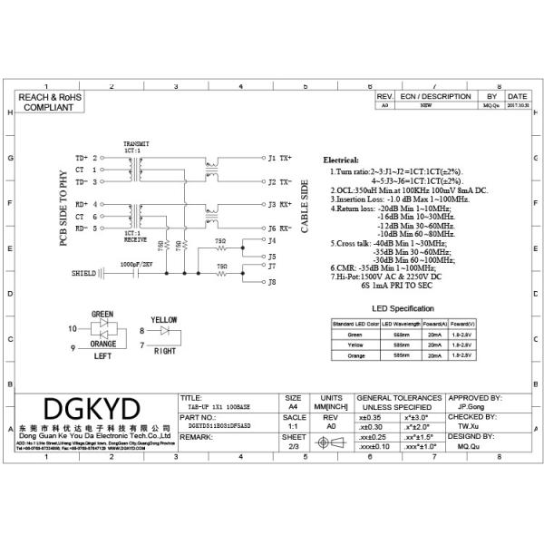 Порт соединителя 10P8C RJ45 DGKYD модульный одиночный с трансформатором