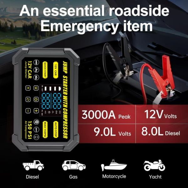 3000A Smart Car Emergency Jump Starter With Power Bank Air Compressor