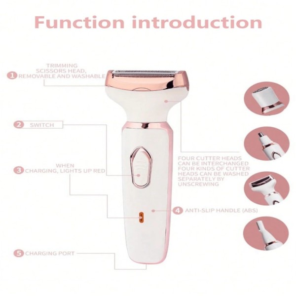 4-in-1 Rechargeable Rotating Disc Electric Razor Women Painless Grooming Kit-Portable Plastic Household Travel Use English