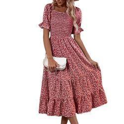                  Floral Print Dresses Short Puff Sleeve Square Neck Shirred Detail MIDI Women Dresses             