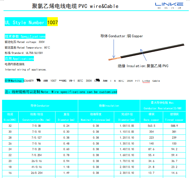 UL1007 Hook up Wire with XLPE Insulation and Flexible Bare Annealed Copper for Wide Temperature Range Applications