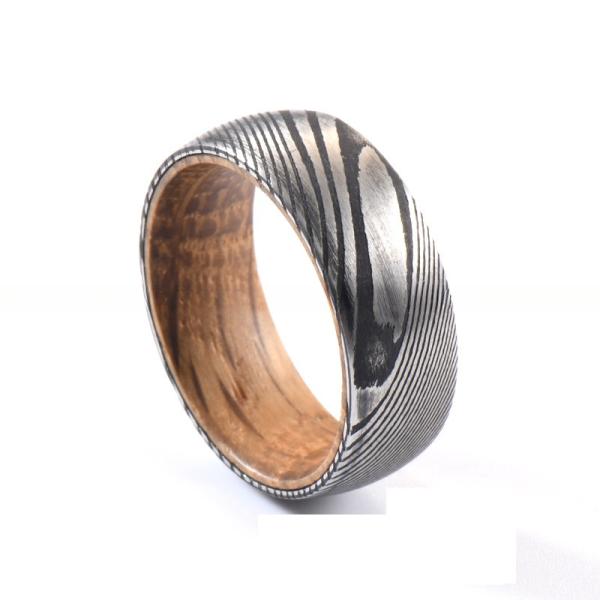 Geometric 8mm Dome Latest Damascus Steel Ring With Whiskey Barrel Wood Sleeve Inlay For Wedding Engagement Men's Gift