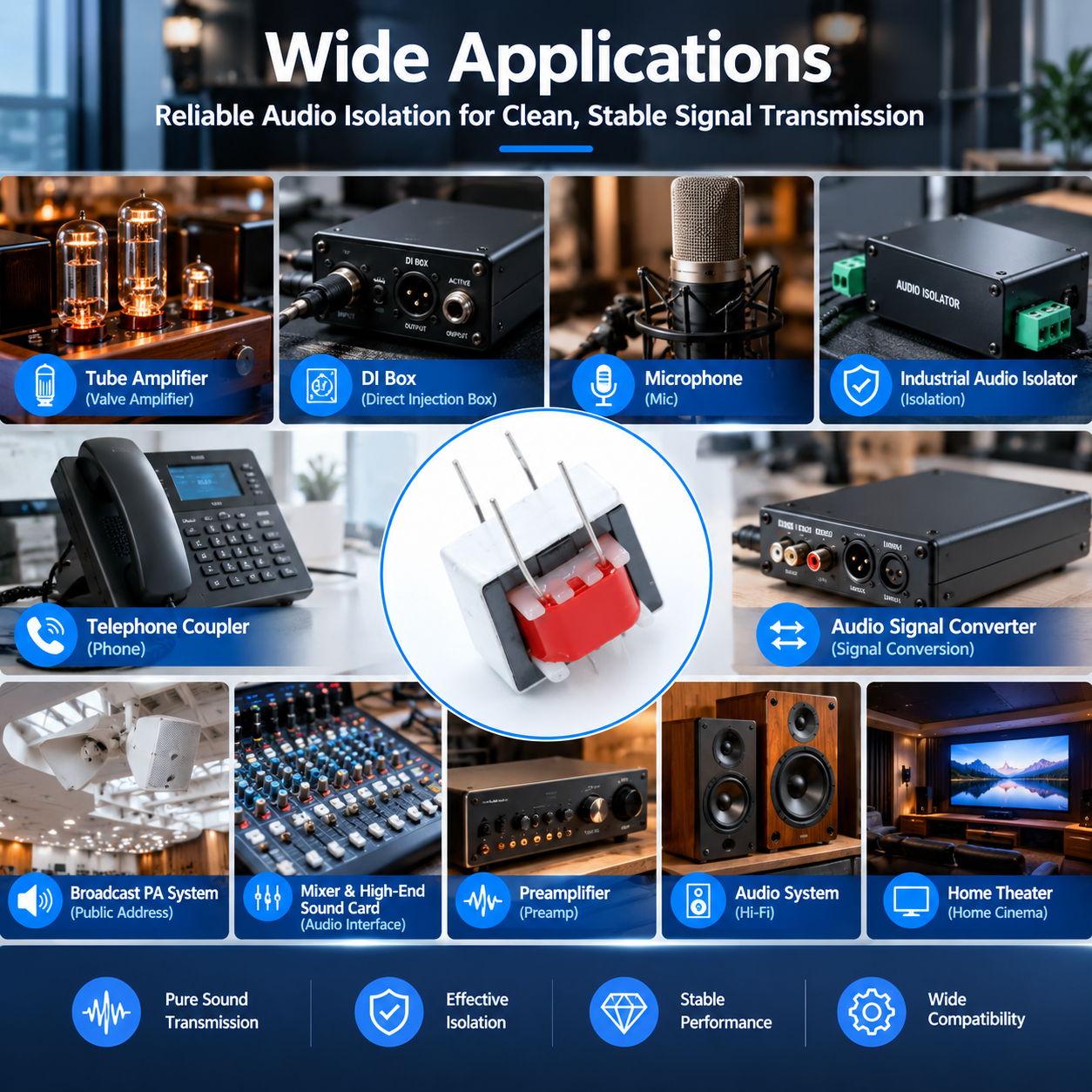 EI14 600:600 Audio Isolation Transformer with Permalloy Core for PCB Mount Signal Coupling