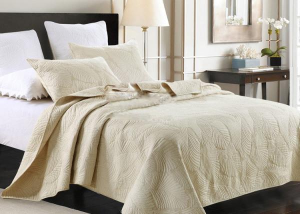Country Style Leaf Twin Size Quilt , 3Pcs 100% Cotton White Embroidered Quilt