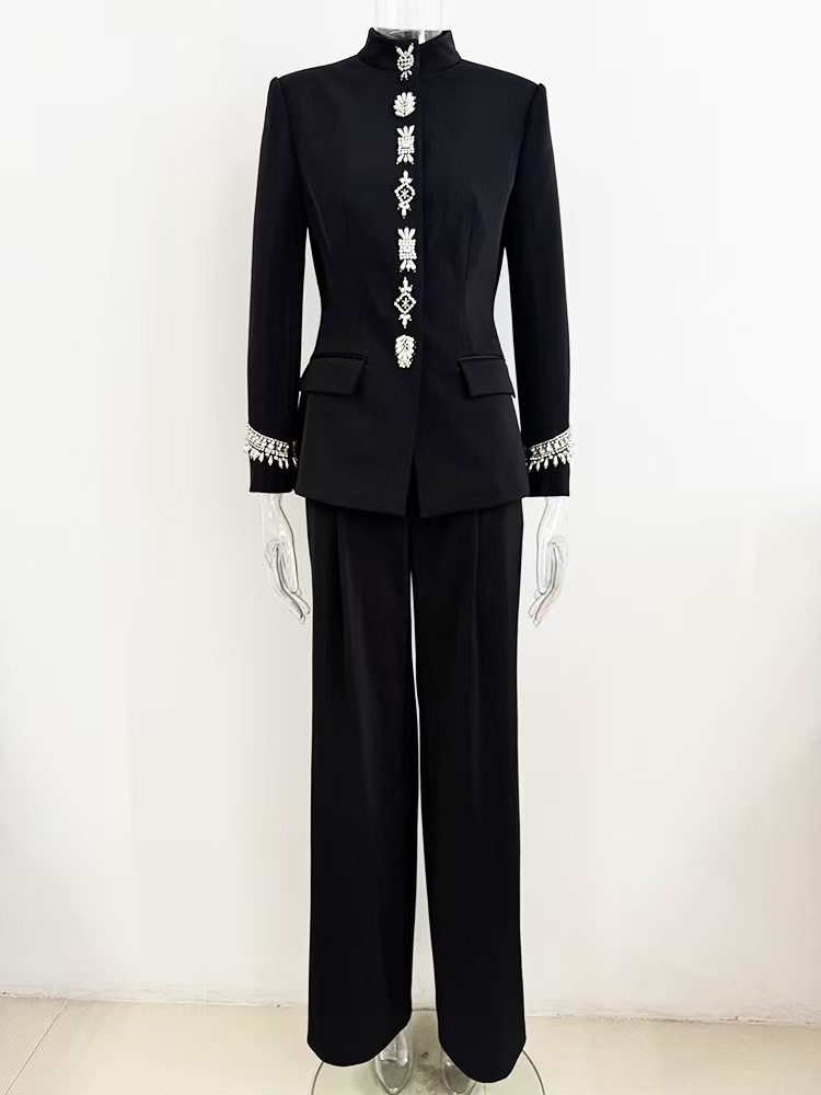 Embellished Women's Suit Set with High-Waisted Wide-Leg Pants for Elegant Formal Wear