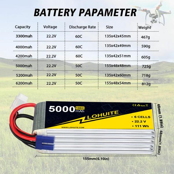 Outros materiais de ânodo 6S Lipo Bateria 22.2v 5000mah 50C 100C Bateria de drone com XT90