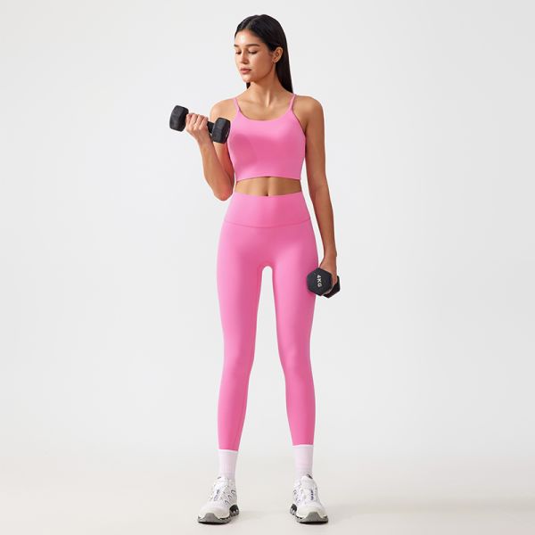 Pink Spaghetti Strap Cropped Yoga Tank Top High Waisted Leggings Set for Yoga