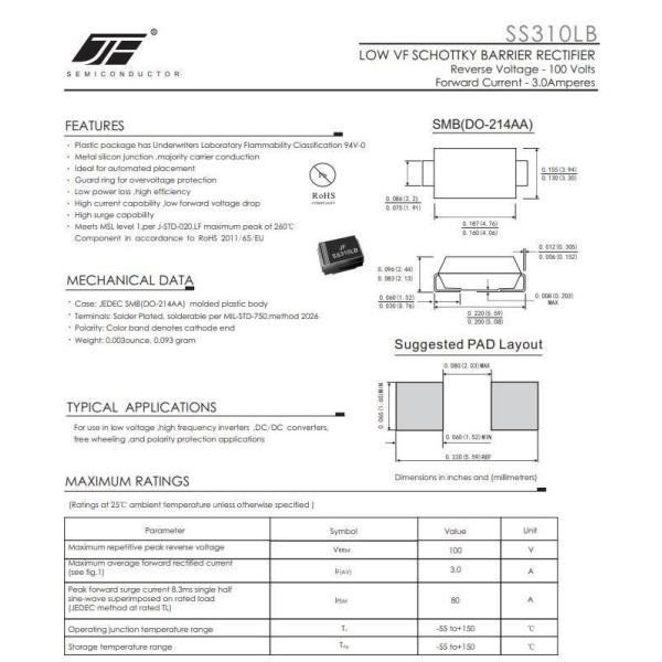 SS34LB THRU SS320LB Series 3A Current Low Vf Schottky Diode IF 3A with SMB Package