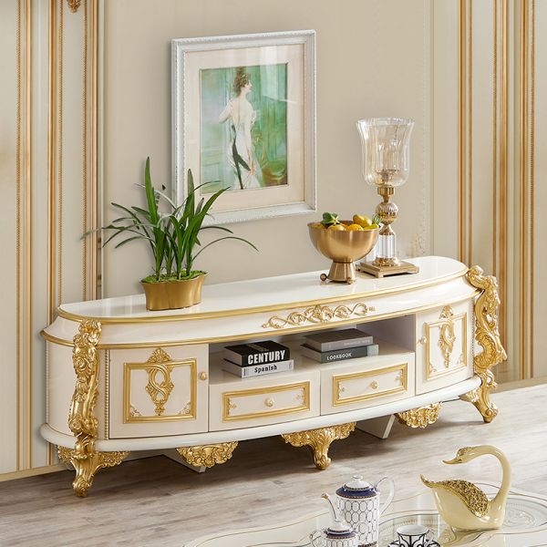 European Classic Style Royal Luxury TV Cabinet Villa Furniture Home Storage White and Gold Large Wood Living Room TV Stand